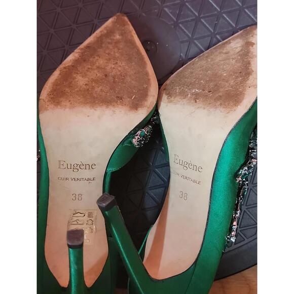 EUGENE RICONNEAUS GREEN SATIN/LEATHER STUDDED LEAF heels shoes ART Size 38 $1260 - Picture 11 of 14